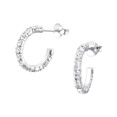 Silver Semi Hoops Ear Studs with Crystal