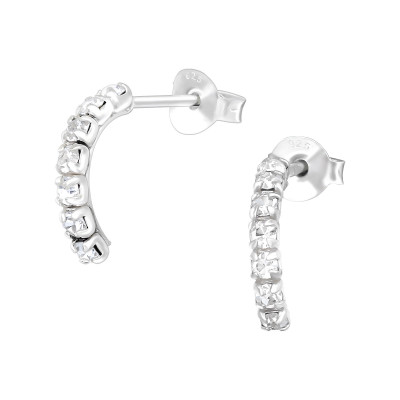 Semi Hoops Sterling Silver Ear Studs with Crystal