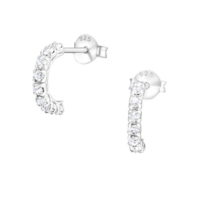 Silver Half Hoops Ear Studs with Crystal