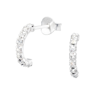 Silver Half Hoops Ear Studs with Crystal