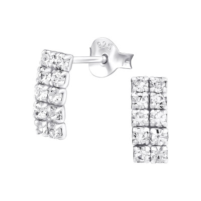 Silver Bended Rectangle Ear Studs with Crystal