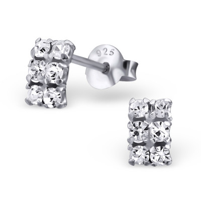 Rectangle Sterling Silver Ear Studs with Crystal