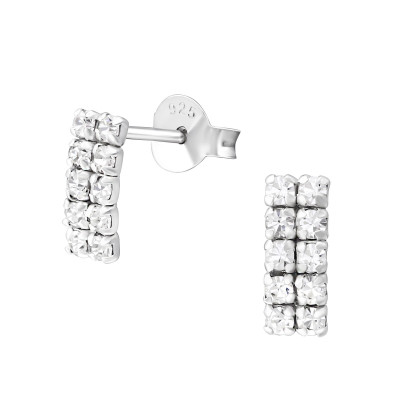 Silver Square Ear Studs with Crystal