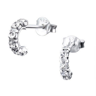 Silver Semi Hoops Ear Studs with Crystal