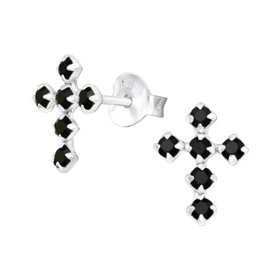 Silver Cross Ear Studs with Crystal