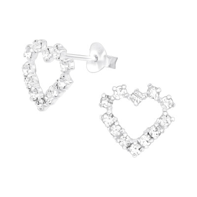 Silver Heart Ear Studs with Crystal