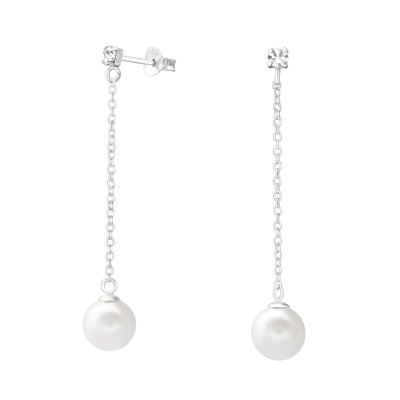 Silver Ear Studs with Hanging Synthetic Pearl and Crystal