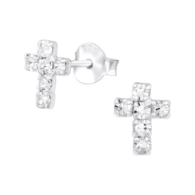 Silver Cross Ear Studs with Crystal