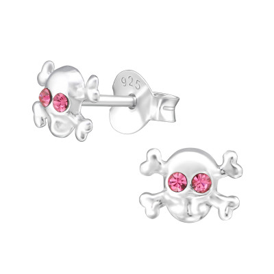 Silver Skull Ear Studs with Crystal