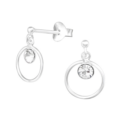 Silver Ball Ear Studs with Hanging Circle and Crystal