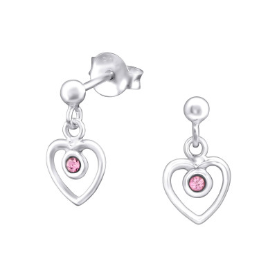 Silver Ball Ear Studs with Hanging Heart and Crystal