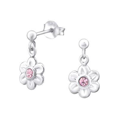 Silver Ball Ear Studs with Hanging Flower and Crystal