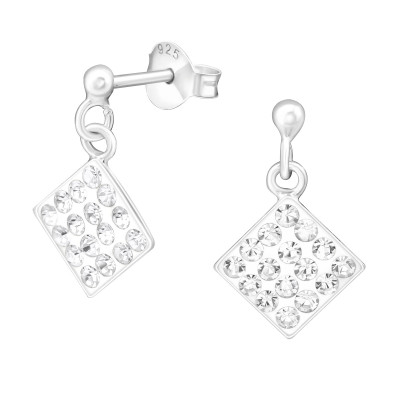 Silver Ball Ear Studs Hanging Square with Crystal