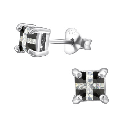 Silver Square Ear Studs with Cubic Zirconia