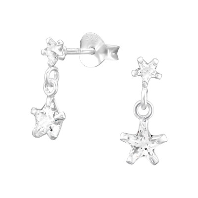 Silver Star Ear Studs with Hanging Star and Cubic Zirconia