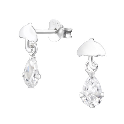 Umbrella with Hanging Raindrop Sterling Silver Ear Studs with Cubic Zirconia