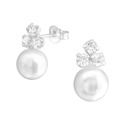 Silver Round Ear Studs with Cubic Zirconia and Synthetic Pearl