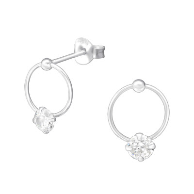 Silver Round Ear Studs with Cubic Zirconia