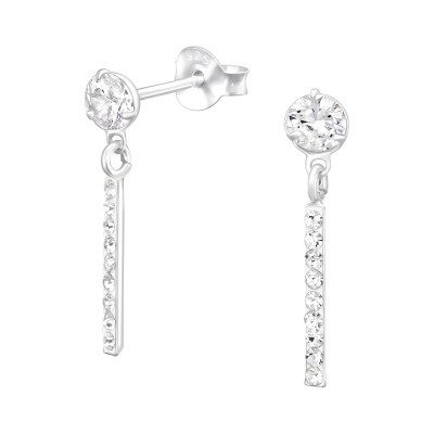 Silver Round Cubic Zirconia Ear Studs with Hanging Bar and Crystal