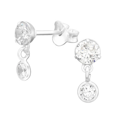 Silver Round Ear Studs with Hanging Round Cubic Zirconia