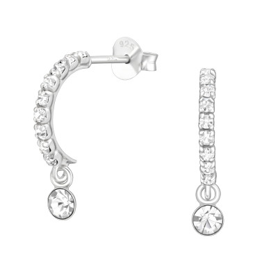 Silver Half Hoop Ear Studs with Cubic Zirconia and Hanging Crystal