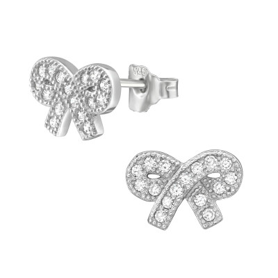 Silver Bow Ear Studs with Cubic Zirconia