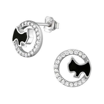 Dog Sterling Silver Ear Studs with Cubic Zirconia and Epoxy