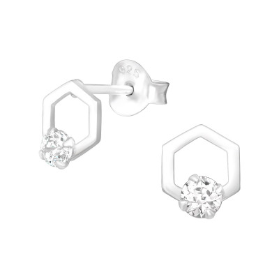 Silver Hexagon Ear Studs with Cubic Zirconia