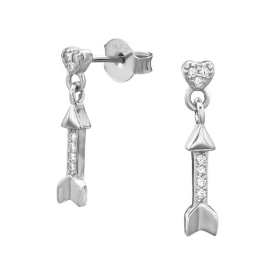 Silver Heart Ear Studs with Hanging Arrow and Cubic Zirconia