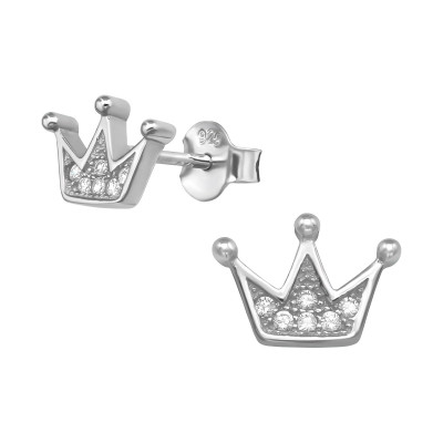 Silver Crown Ear Studs with Cubic Zirconia