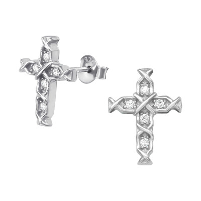 Silver Cross Ear Studs with Cubic Zirconia