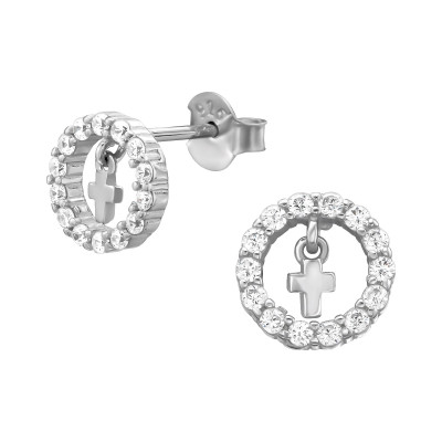 Silver Circle Ear Studs with Hanging Cross and Cubic Zirconia