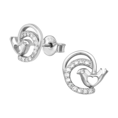 Silver Bird Ear Studs with Cubic Zirconia