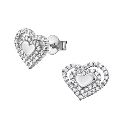 Silver Heart Ear Studs with Cubic Zirconia