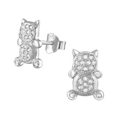 Cat Sterling Silver Ear Studs with Cubic Zirconia