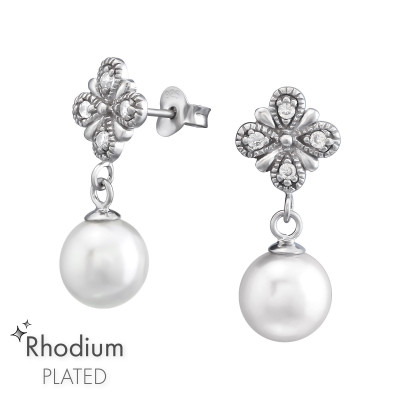 Silver Flower Ear Studs with Hanging Synthetic Pearl and Cubic Zirconia