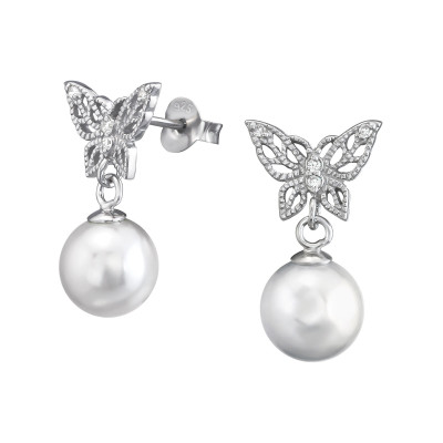 Butterfy Hanging Pearl Sterling Silver Ear Studs with Cubic Zirconia and Pearl