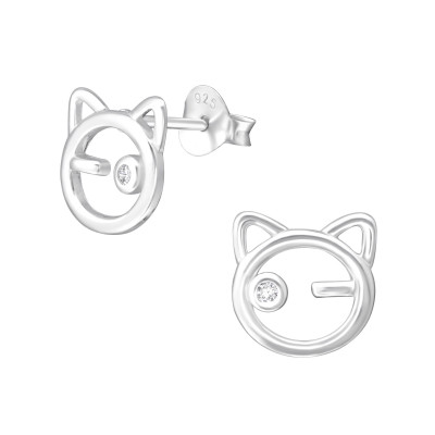 Silver Cat Ear Studs with Cubic Zirconia