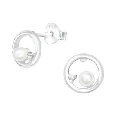 Silver Circle Ear Studs with Cubic Zirconia and Synthetic Pearl