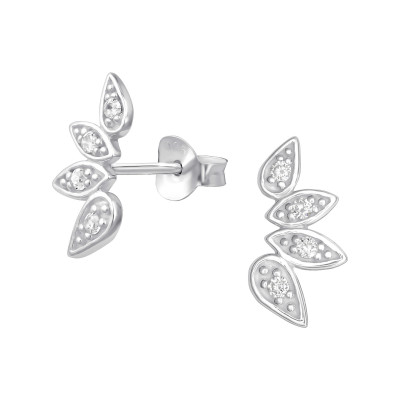 Silver Leaf Ear Studs with Cubic Zirconia