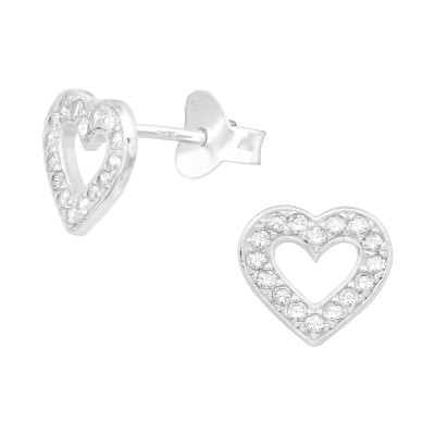 Silver Heart Ear Studs with Cubic Zirconia