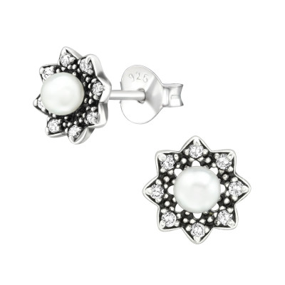 Silver Flower Ear Studs with Cubic Zirconia and Synthetic Pearl