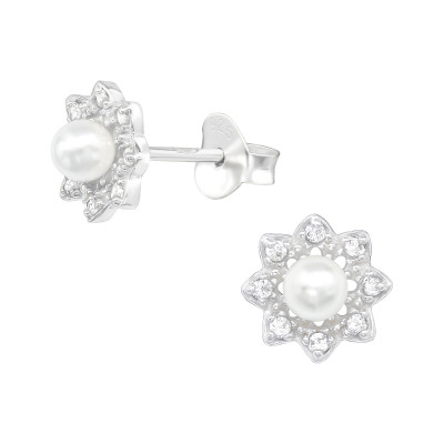Silver Flower Ear Studs with Cubic Zirconia and Synthetic Pearl
