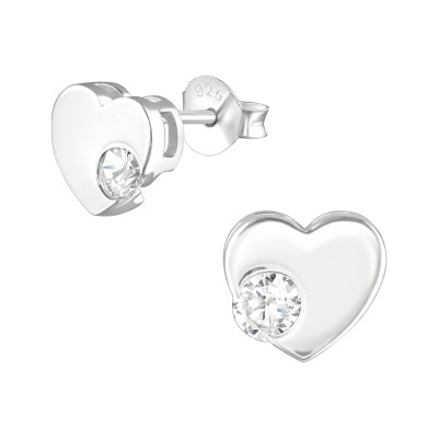 Silver Heart Ear Studs with Cubic Zirconia