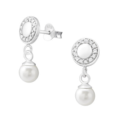 Silver Round Ear Studs with Hanging  Synthetic Pearl and Cubic Zirconia