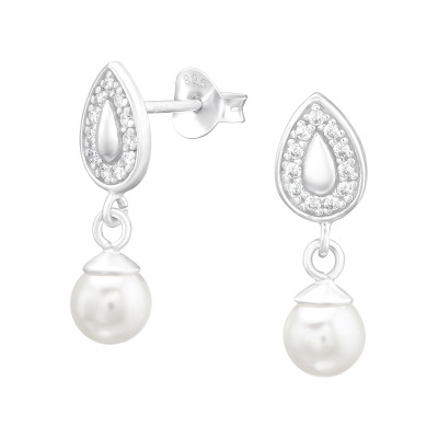 Silver Teardrop Ear Studs with Cubic Zirconia and Hanging Synthetic Pearl