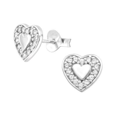 Silver Heart Ear Studs with Cubic Zirconia