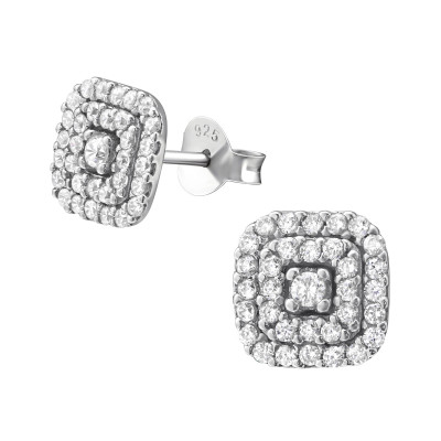 Square Sterling Silver Ear Studs with Cubic Zirconia