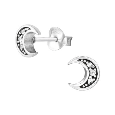 Silver Moon Ear Studs with Cubic Zirconia