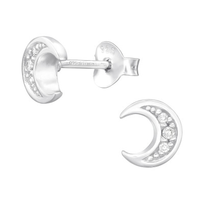 Silver Crescent Moon Ear Studs with Cubic Zirconia